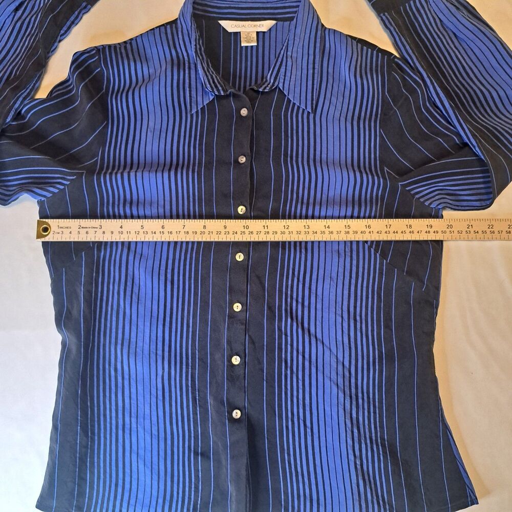 Casual Corner Vtg Women's 100% Silk Blue Black Striped Button-Down Shirt Size 14 - Picture 2 of 10